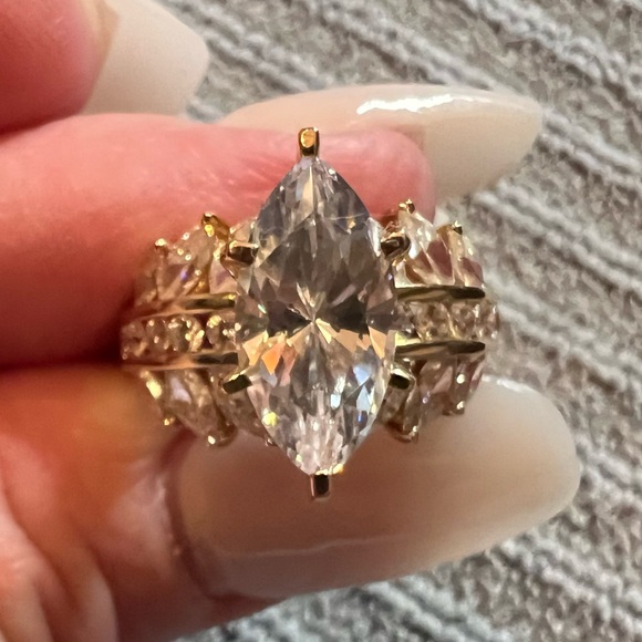 Diamonique Gold Marquise Cut Ring with Art Deco Elegance - Picture 3 of 15
